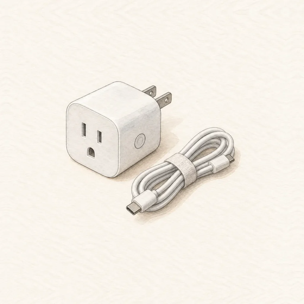 白いスマートプラグと、束ねた白いUSB-Cケーブルの水彩イラスト