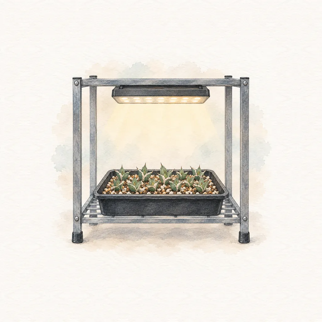 ラック上段のLEDライトのやわらかな光の下で、発芽した苗が並ぶ育苗トレーの水彩イラスト