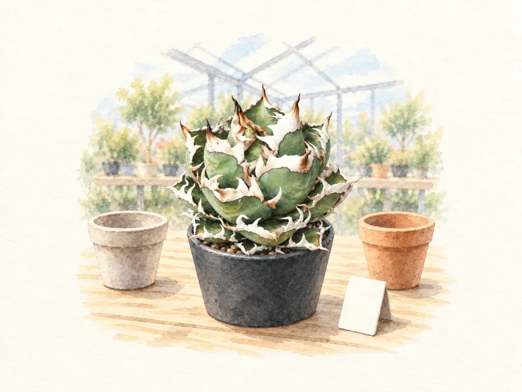 温室の売場台に置かれたアガベの鉢植えの水彩イラスト