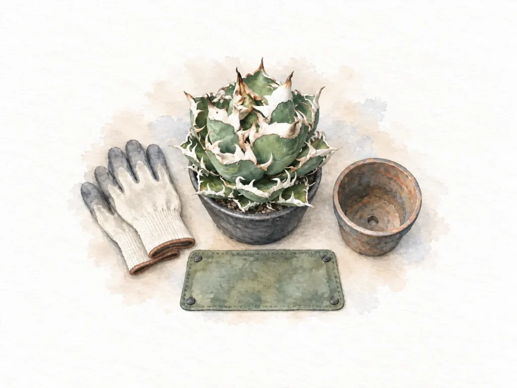 作業手袋と空き鉢の横に置いたアガベの鉢植えの水彩イラスト