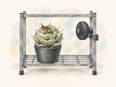 棚の鉢植えとファンを描いた水彩イメージ。