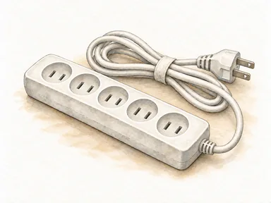 未接続の電源タップとまとめたコードを描いた水彩イメージ。