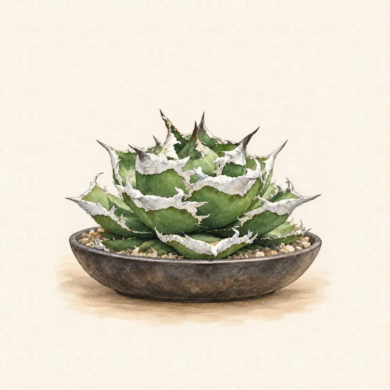 広がった株を平鉢に植えたアガベの水彩