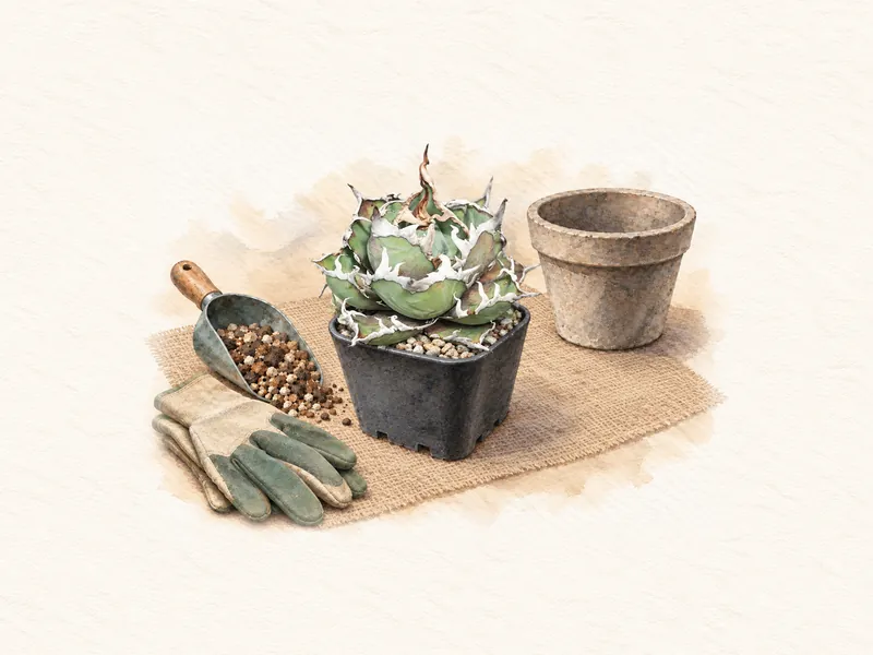 植え替えの場面を描いたアガベの水彩イラスト