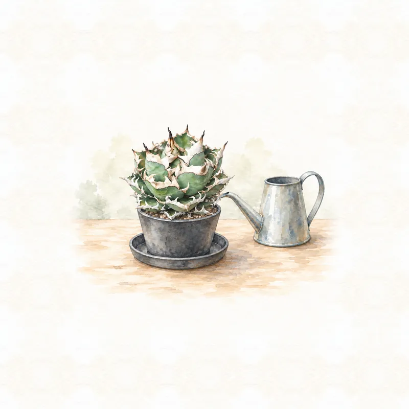 水やりの場面を描いたアガベの水彩イラスト