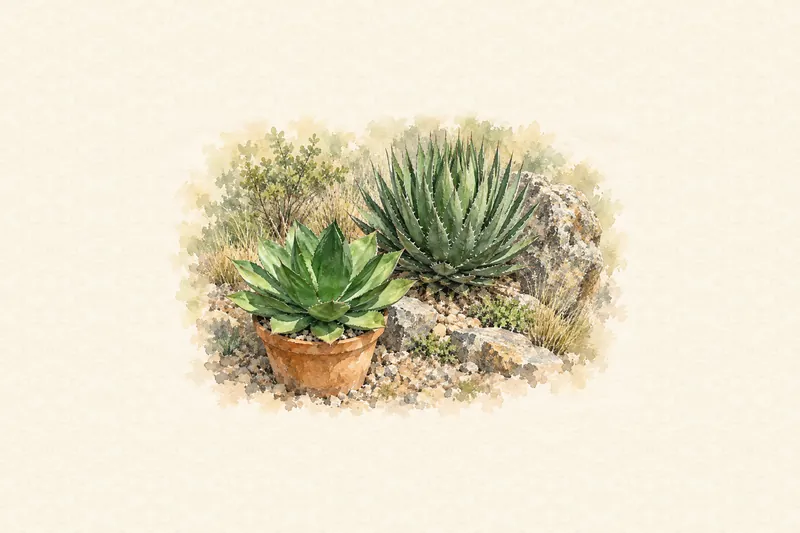 砂利の庭に地植えしたアガベと、手前の素焼き鉢の株を描いた水彩