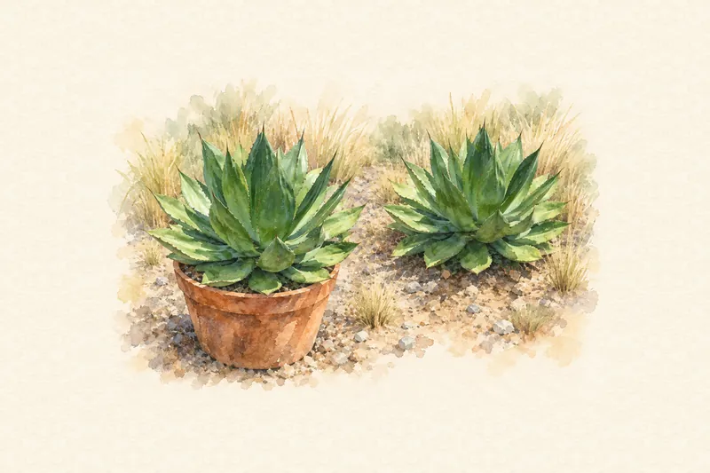 手前の鉢植えと奥の地植えのアガベを並べて描いた水彩