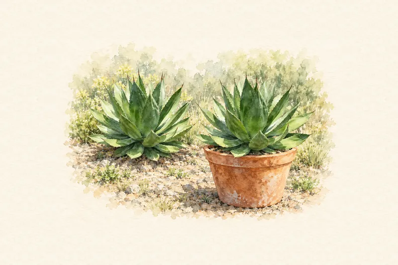 手前の鉢植えと奥の地植えのアガベを並べて描いた水彩