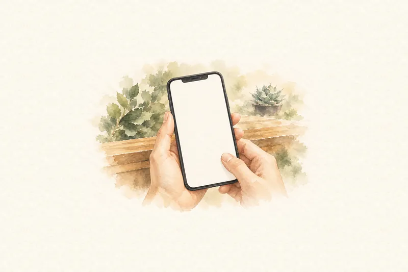スマートフォンを持つ手元と、奥のアガベの鉢を描いた水彩