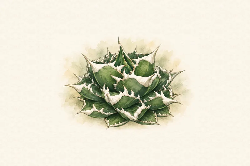 アガベ チタノタ 大白鯊の株を近くから描いた水彩。葉の形と鋸歯が見える